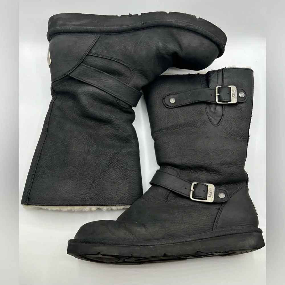 UGG Black Leather Shearling-Lined Mid-Calf Boots